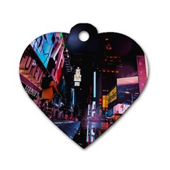 Roadway Surrounded Building During Nighttime Dog Tag Heart (two Sides) by Modalart