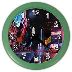 Roadway Surrounded Building During Nighttime Color Wall Clock by Modalart