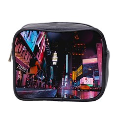 Roadway Surrounded Building During Nighttime Mini Toiletries Bag (two Sides) by Modalart