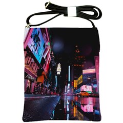 Roadway Surrounded Building During Nighttime Shoulder Sling Bag by Modalart