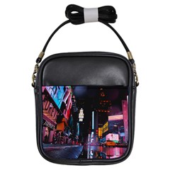 Roadway Surrounded Building During Nighttime Girls Sling Bag by Modalart