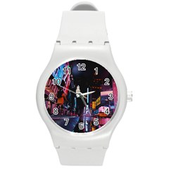 Roadway Surrounded Building During Nighttime Round Plastic Sport Watch (m) by Modalart