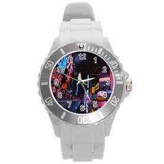 Roadway Surrounded Building During Nighttime Round Plastic Sport Watch (l) by Modalart