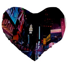 Roadway Surrounded Building During Nighttime Large 19  Premium Heart Shape Cushions by Modalart