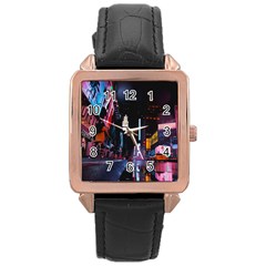 Roadway Surrounded Building During Nighttime Rose Gold Leather Watch  by Modalart