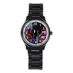 Roadway Surrounded Building During Nighttime Stainless Steel Round Watch by Modalart