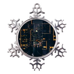 Photo Of Buildings During Nighttime Metal Large Snowflake Ornament by Modalart