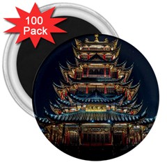 Blue Yellow And Green Lighted Pagoda Tower 3  Magnets (100 Pack) by Modalart