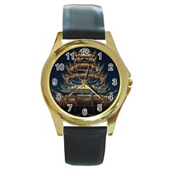 Blue Yellow And Green Lighted Pagoda Tower Round Gold Metal Watch by Modalart