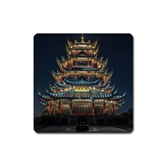 Blue Yellow And Green Lighted Pagoda Tower Square Magnet by Modalart