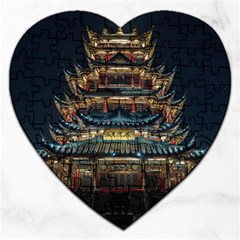 Blue Yellow And Green Lighted Pagoda Tower Jigsaw Puzzle (heart) by Modalart