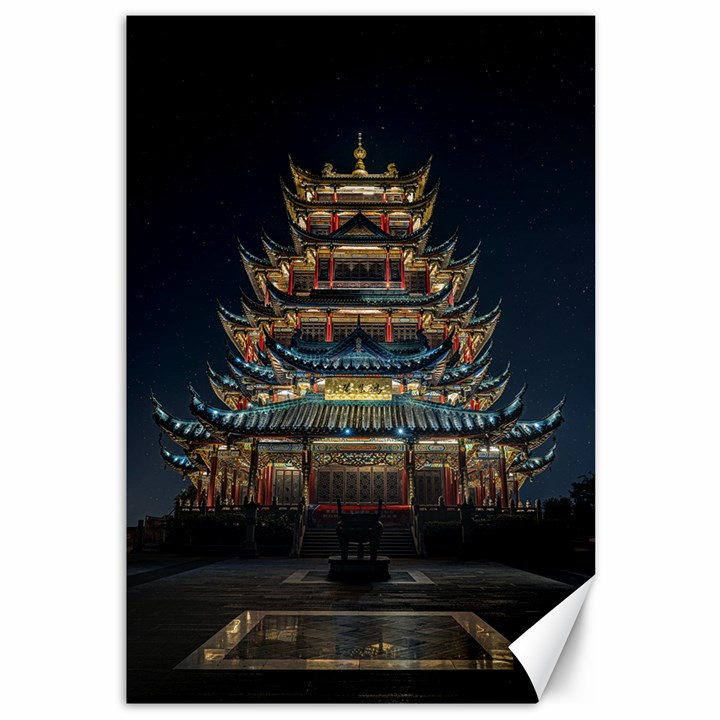 Blue Yellow And Green Lighted Pagoda Tower Canvas 12  x 18 