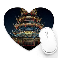 Blue Yellow And Green Lighted Pagoda Tower Heart Mousepad by Modalart