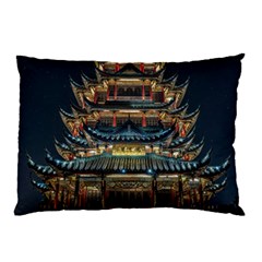 Blue Yellow And Green Lighted Pagoda Tower Pillow Case by Modalart