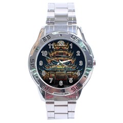 Blue Yellow And Green Lighted Pagoda Tower Stainless Steel Analogue Watch by Modalart