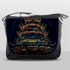 Blue Yellow And Green Lighted Pagoda Tower Messenger Bag by Modalart