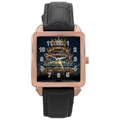 Blue Yellow And Green Lighted Pagoda Tower Rose Gold Leather Watch  by Modalart