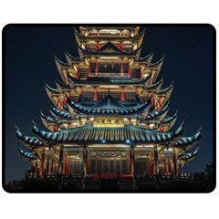 Blue Yellow And Green Lighted Pagoda Tower Two Sides Fleece Blanket (medium) by Modalart