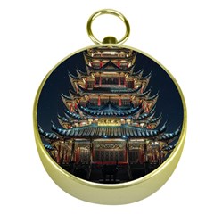 Blue Yellow And Green Lighted Pagoda Tower Gold Compasses by Modalart