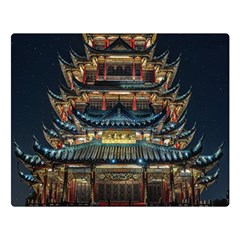 Blue Yellow And Green Lighted Pagoda Tower Two Sides Premium Plush Fleece Blanket (large) by Modalart