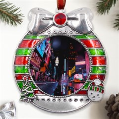 Roadway Surrounded Building During Nighttime Metal X mas Ribbon With Red Crystal Round Ornament by Modalart