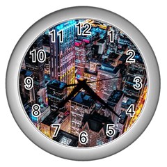 Aerial Photo Of Cityscape At Night Wall Clock (silver) by Modalart