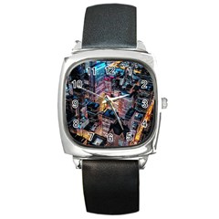 Aerial Photo Of Cityscape At Night Square Metal Watch by Modalart