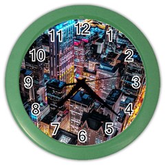 Aerial Photo Of Cityscape At Night Color Wall Clock by Modalart