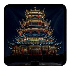 Blue Yellow And Green Lighted Pagoda Tower Square Glass Fridge Magnet (4 Pack) by Modalart