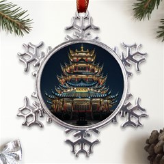 Blue Yellow And Green Lighted Pagoda Tower Metal Large Snowflake Ornament by Modalart