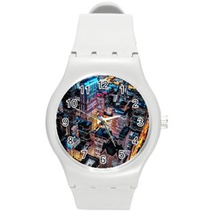 Aerial Photo Of Cityscape At Night Round Plastic Sport Watch (m) by Modalart