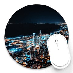 Aerial Photography Of Lighted High Rise Buildings Round Mousepad by Modalart