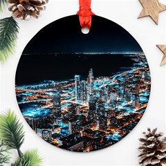 Aerial Photography Of Lighted High Rise Buildings Ornament (round) by Modalart