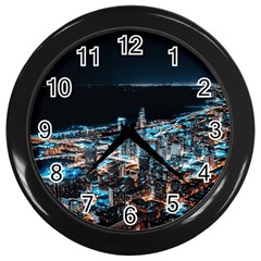 Aerial Photography Of Lighted High Rise Buildings Wall Clock (black) by Modalart