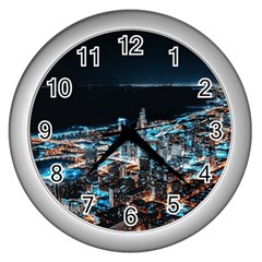 Aerial Photography Of Lighted High Rise Buildings Wall Clock (silver) by Modalart