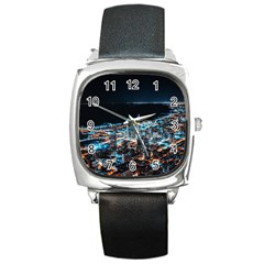 Aerial Photography Of Lighted High Rise Buildings Square Metal Watch by Modalart