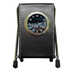 Aerial Photography Of Lighted High Rise Buildings Pen Holder Desk Clock by Modalart