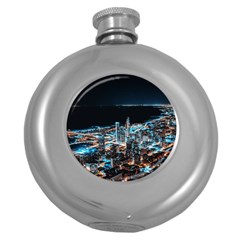 Aerial Photography Of Lighted High Rise Buildings Round Hip Flask (5 Oz) by Modalart