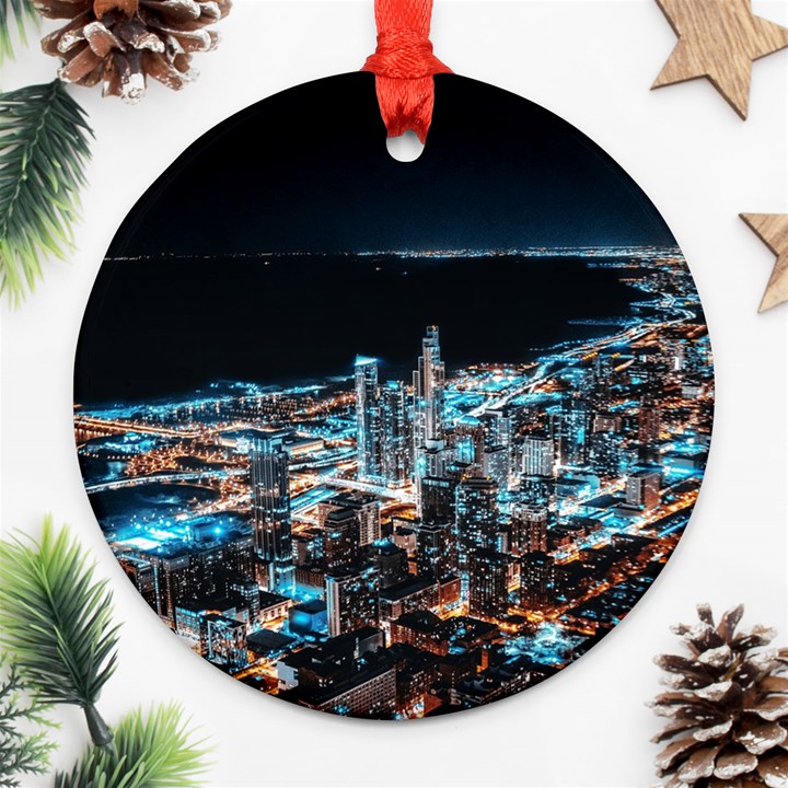 Aerial Photography Of Lighted High Rise Buildings Round Ornament (Two Sides)