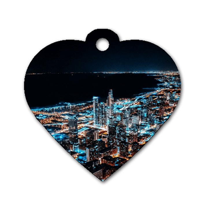 Aerial Photography Of Lighted High Rise Buildings Dog Tag Heart (Two Sides)