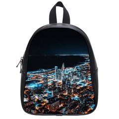 Aerial Photography Of Lighted High Rise Buildings School Bag (small) by Modalart