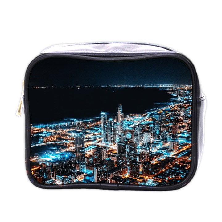 Aerial Photography Of Lighted High Rise Buildings Mini Toiletries Bag (One Side)