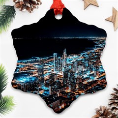 Aerial Photography Of Lighted High Rise Buildings Snowflake Ornament (two Sides)