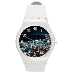 Aerial Photography Of Lighted High Rise Buildings Round Plastic Sport Watch (m) by Modalart