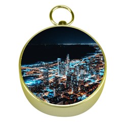 Aerial Photography Of Lighted High Rise Buildings Gold Compasses by Modalart