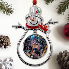 Aerial Photo Of Cityscape At Night Metal Snowman Ornament by Modalart