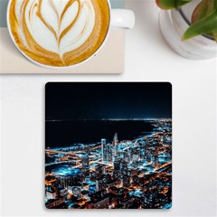 Aerial Photography Of Lighted High Rise Buildings Uv Print Square Tile Coaster  by Modalart