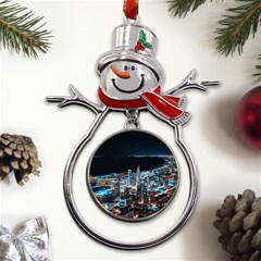 Aerial Photography Of Lighted High Rise Buildings Metal Snowman Ornament by Modalart