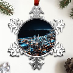 Aerial Photography Of Lighted High Rise Buildings Metal Small Snowflake Ornament by Modalart