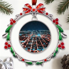 Aerial Shot Of Buildings Metal X mas Wreath Ribbon Ornament by Modalart